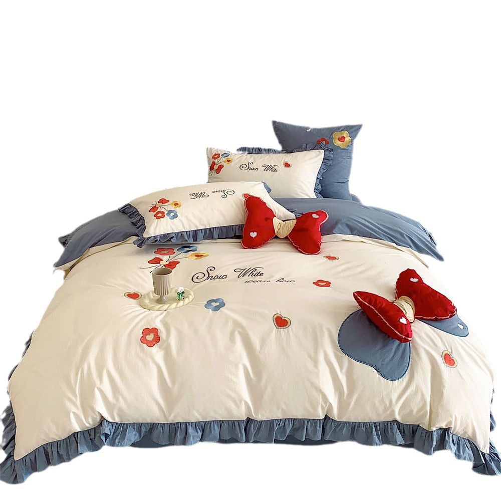 Ruffled Floral Quilted Bedding Set with Bow Cushions