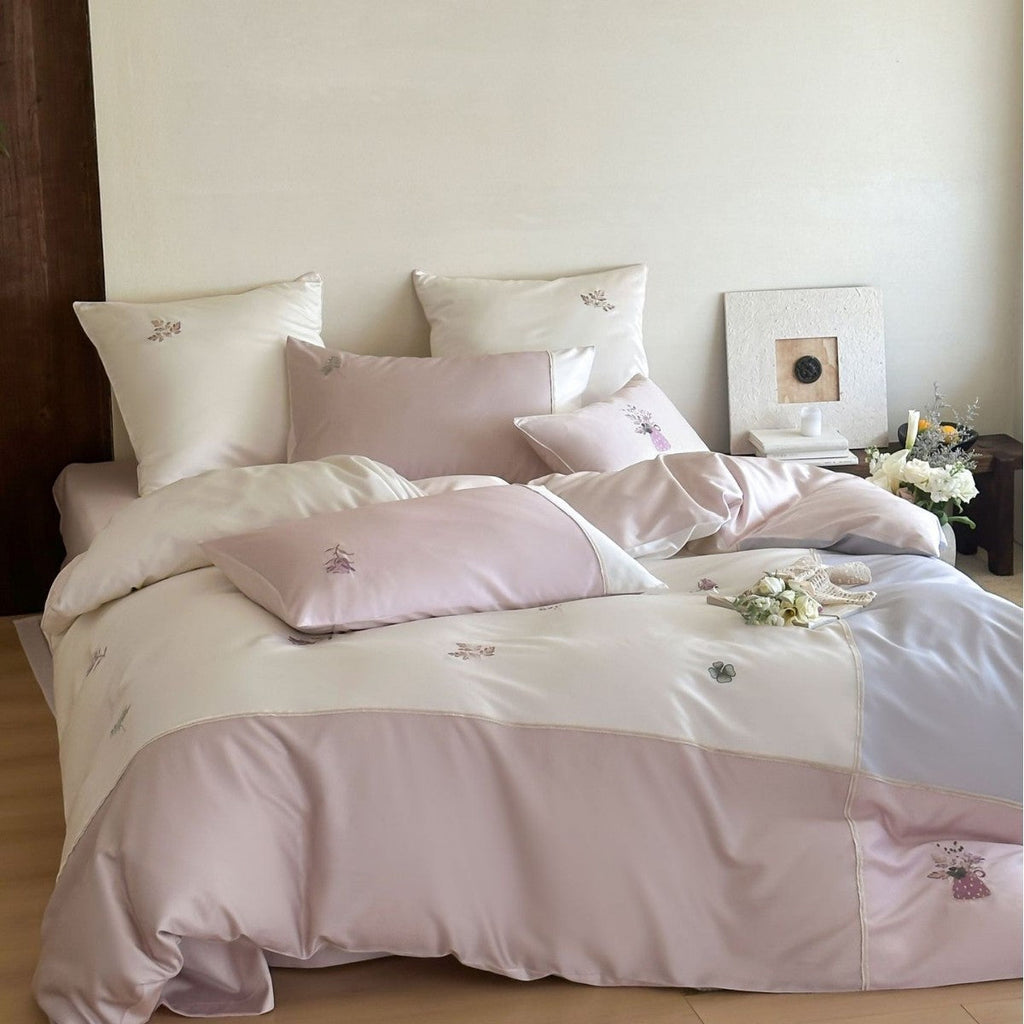 Floral Embroidered Satin Bedding Set with Piped Edges