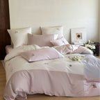 Floral Embroidered Satin Bedding Set with Piped Edges