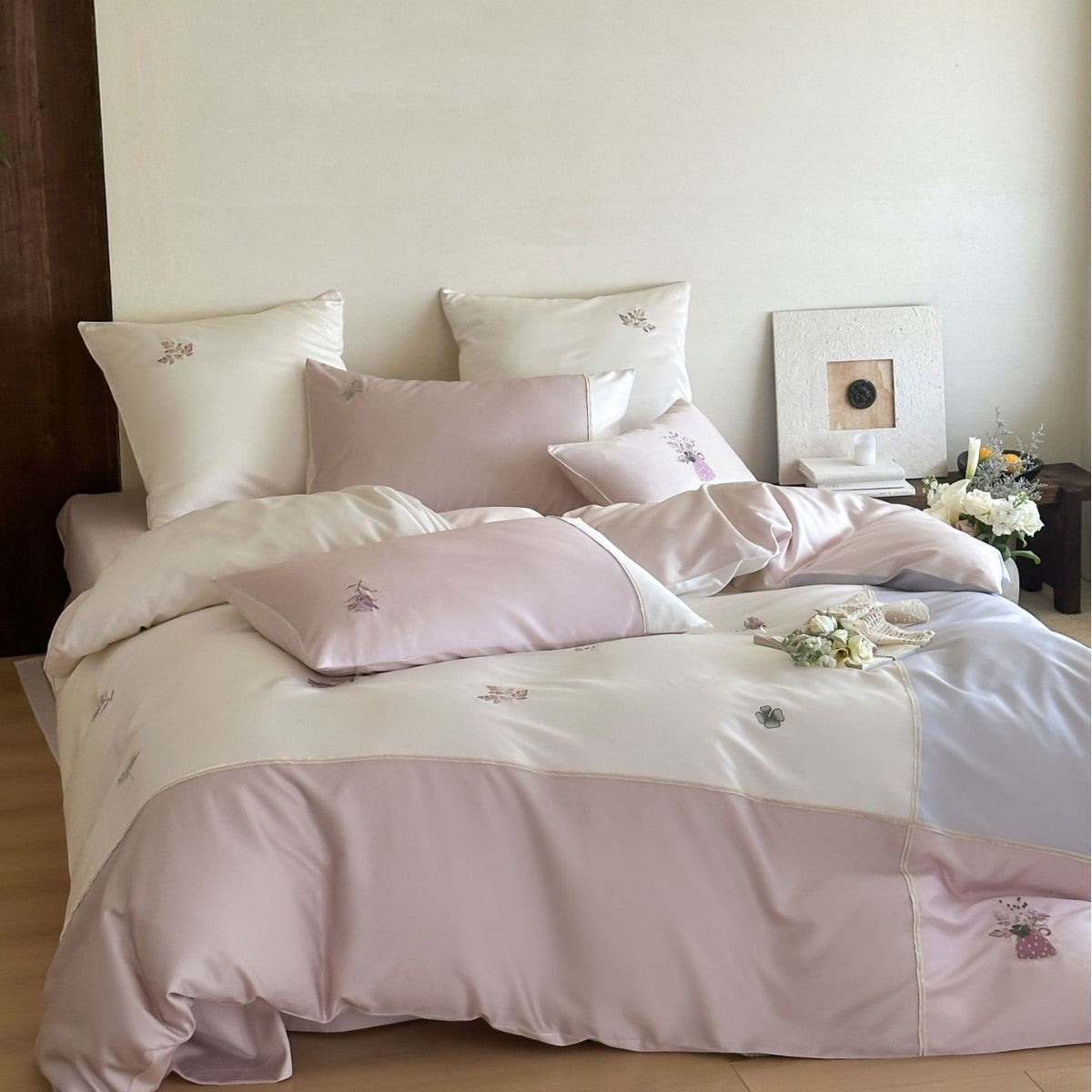 Floral Embroidered Satin Bedding Set with Piped Edges