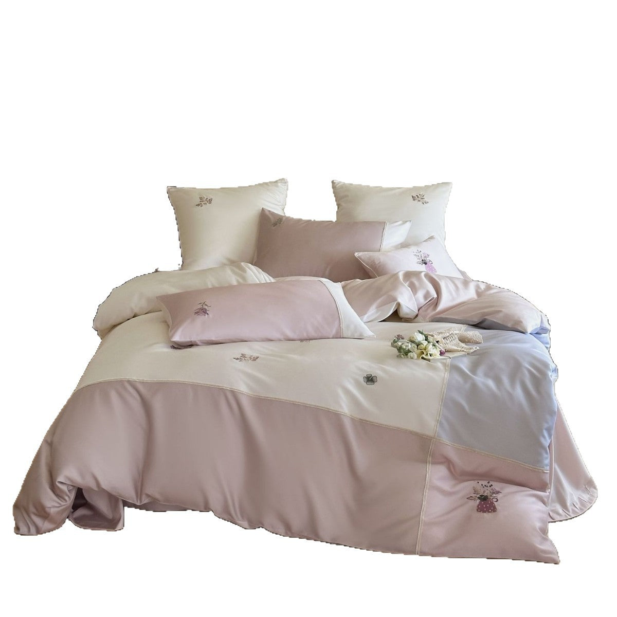 Floral Embroidered Satin Bedding Set with Piped Edges