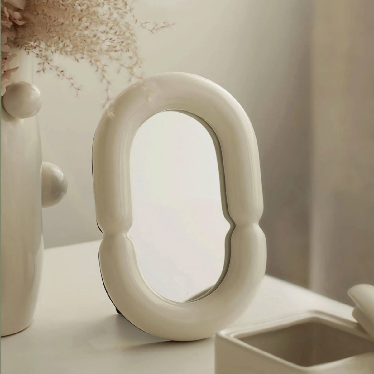 Sculptural Oval Ceramic Tabletop Mirror