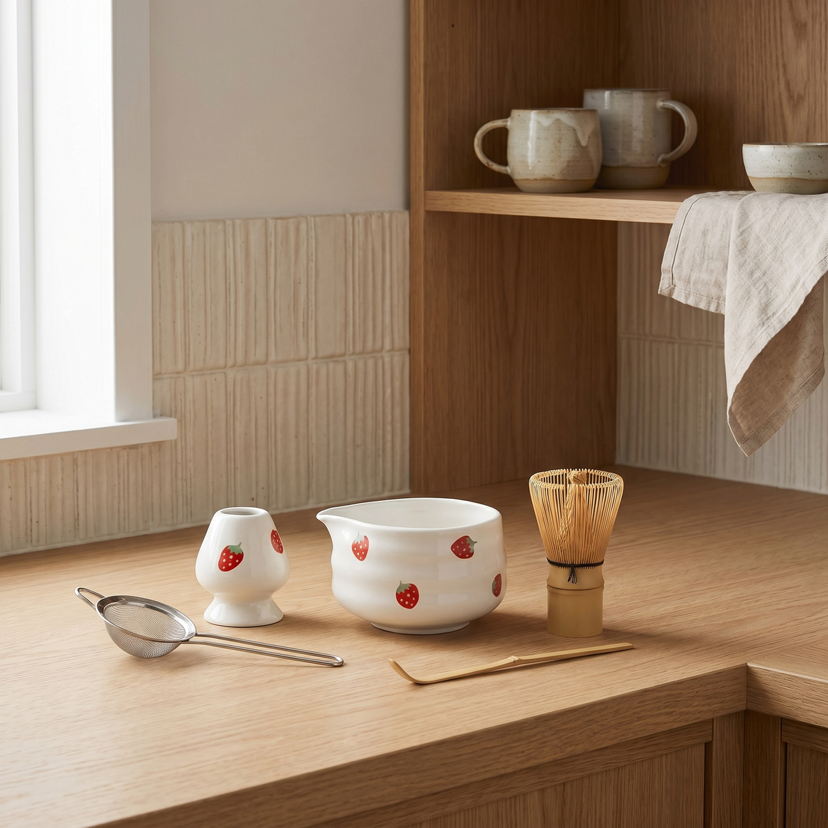 Strawberry Matcha Tea Set, Ceramic and Bamboo, 5 Pieces - product view 4