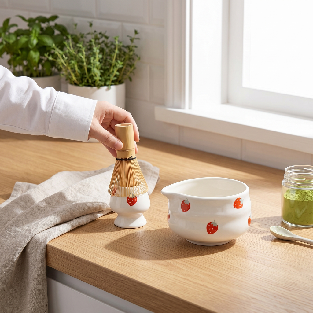 Strawberry Matcha Tea Set, Ceramic and Bamboo, 5 Pieces - product view 3