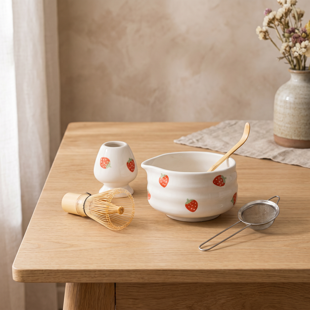Strawberry Matcha Tea Set, Ceramic and Bamboo, 5 Pieces - product view 1