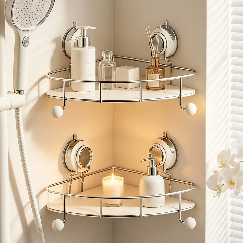 Suction-Cup Stainless Steel Bathroom Corner Shelf