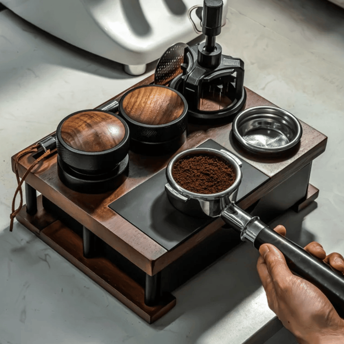 Wooden Espresso Tamping Station with Knock Drawer
