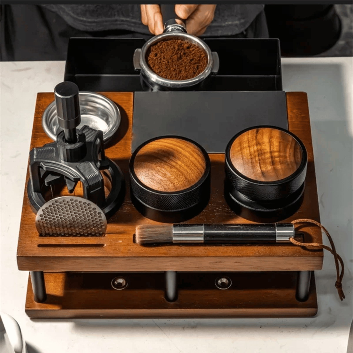Wooden Espresso Tamping Station with Knock Drawer