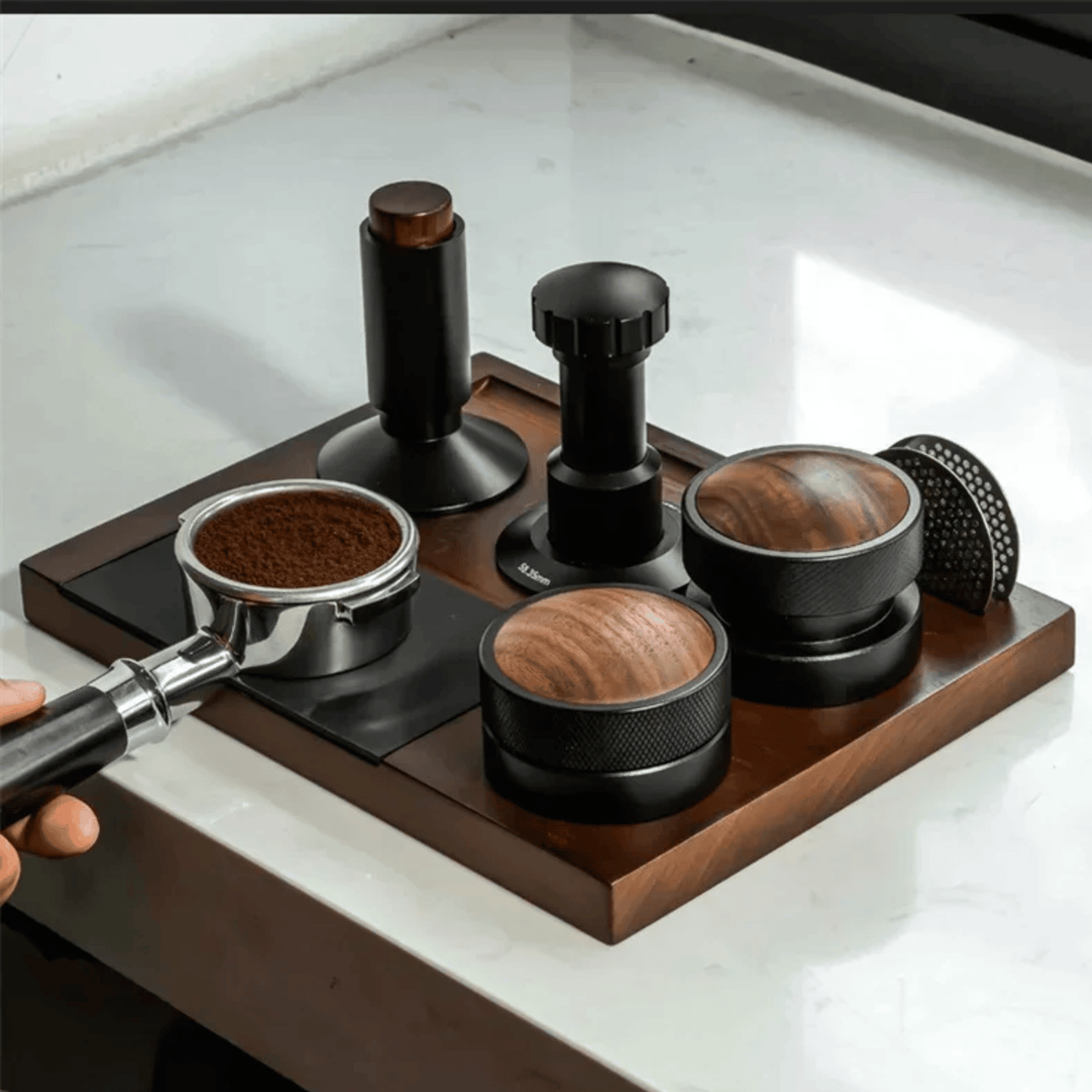 Wooden Espresso Tamping Station with Knock Drawer