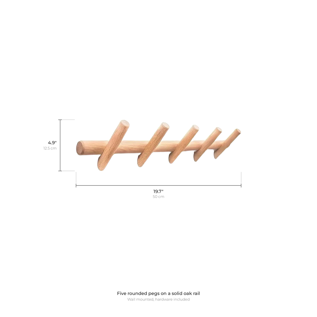Solid Oak Wall Peg Rack, Five Hooks with Rounded Ends - product view 9