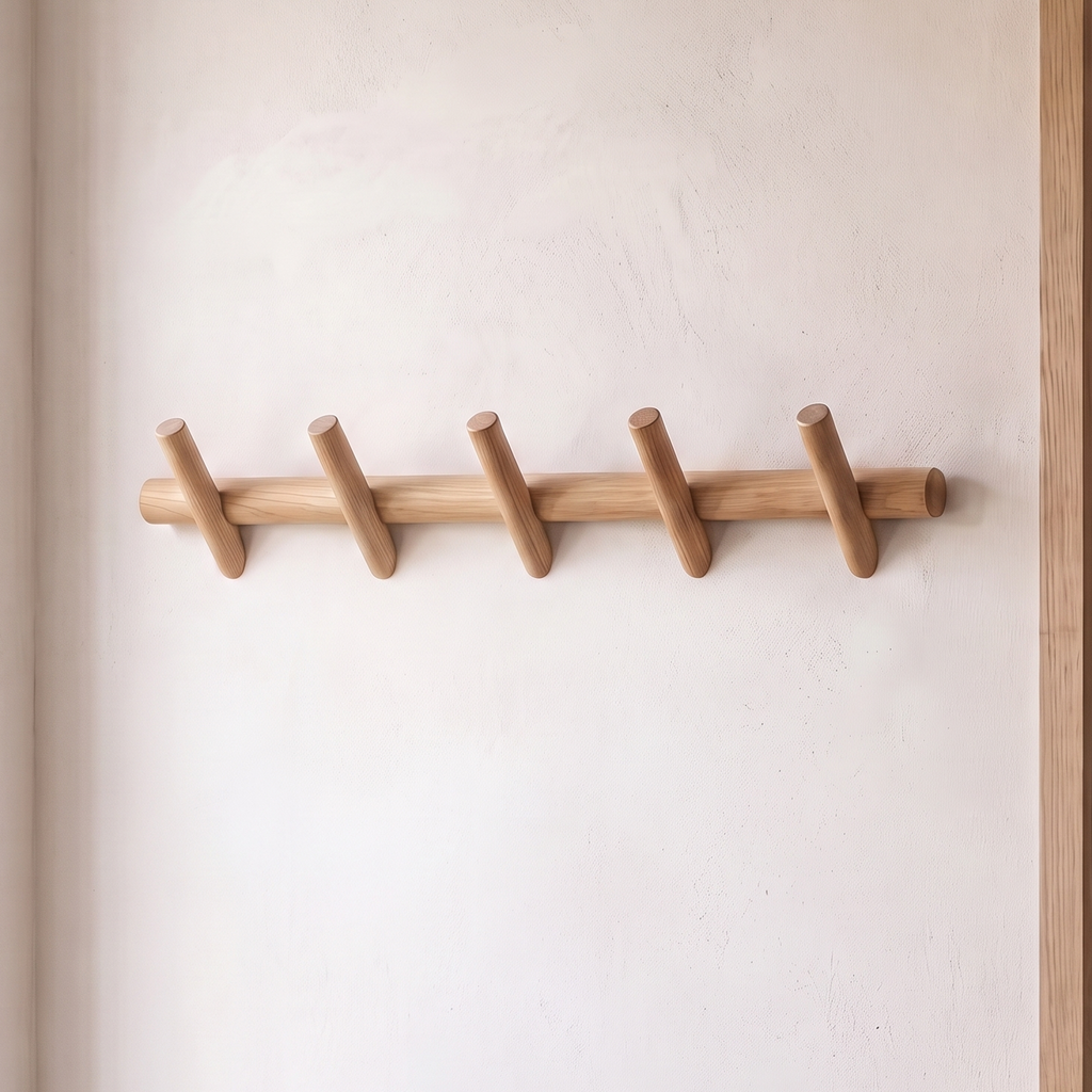Solid Oak Wall Peg Rack, Five Hooks with Rounded Ends - product view 1
