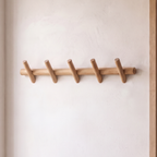 Solid Oak Wall Peg Rack, Five Hooks with Rounded Ends - product view 1
