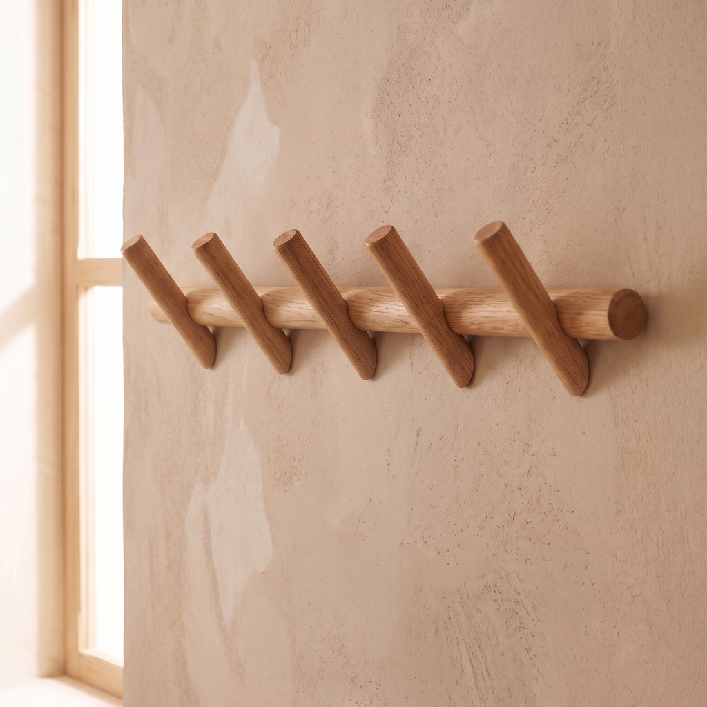 Solid Oak Wall Peg Rack, Five Hooks with Rounded Ends - product view 2