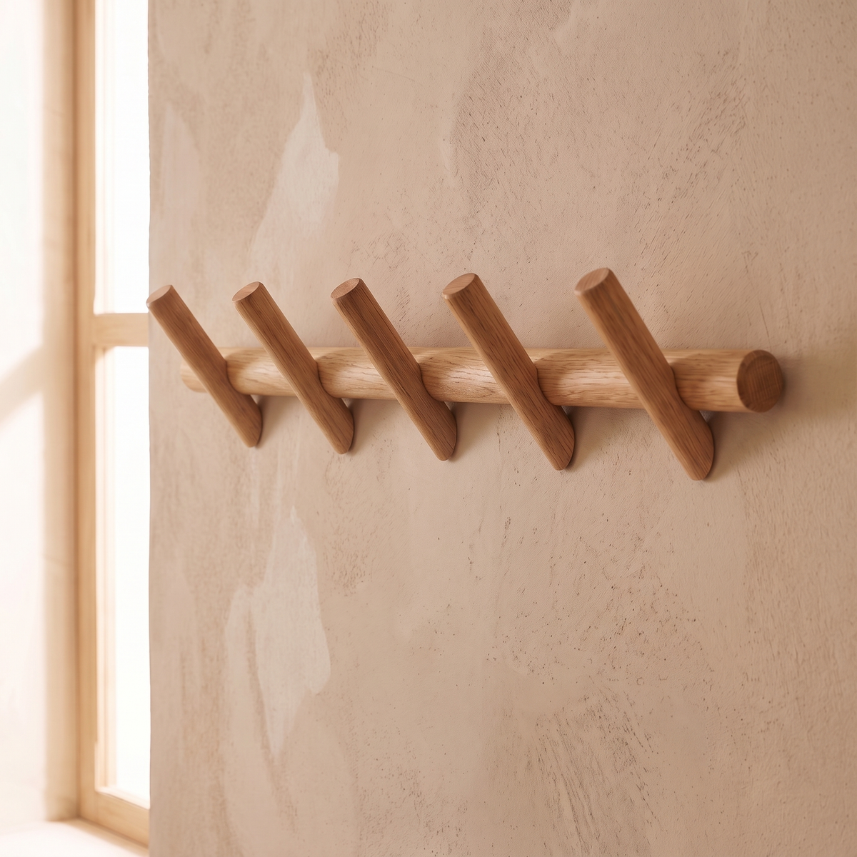 Solid Oak Wall Peg Rack, Five Hooks with Rounded Ends - product view 2