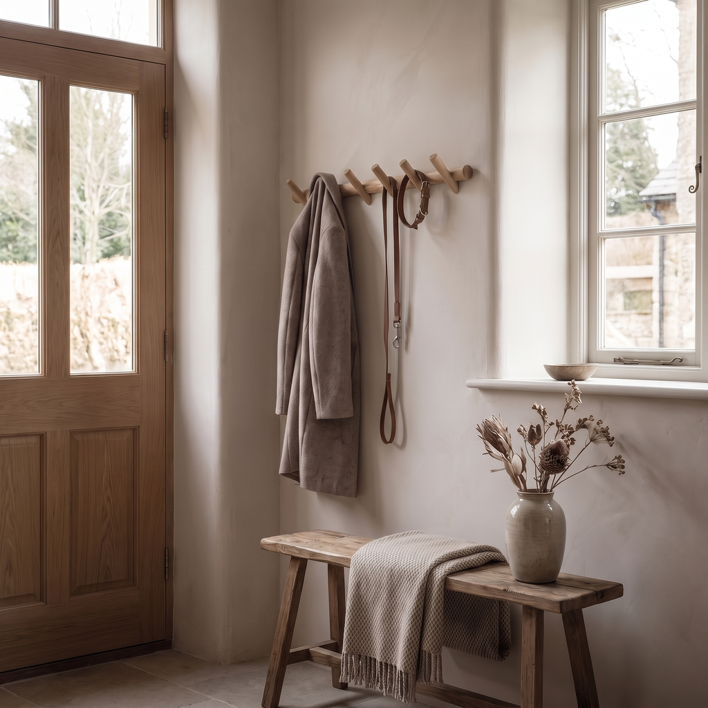 Solid Oak Wall Peg Rack, Five Hooks with Rounded Ends - product view 4