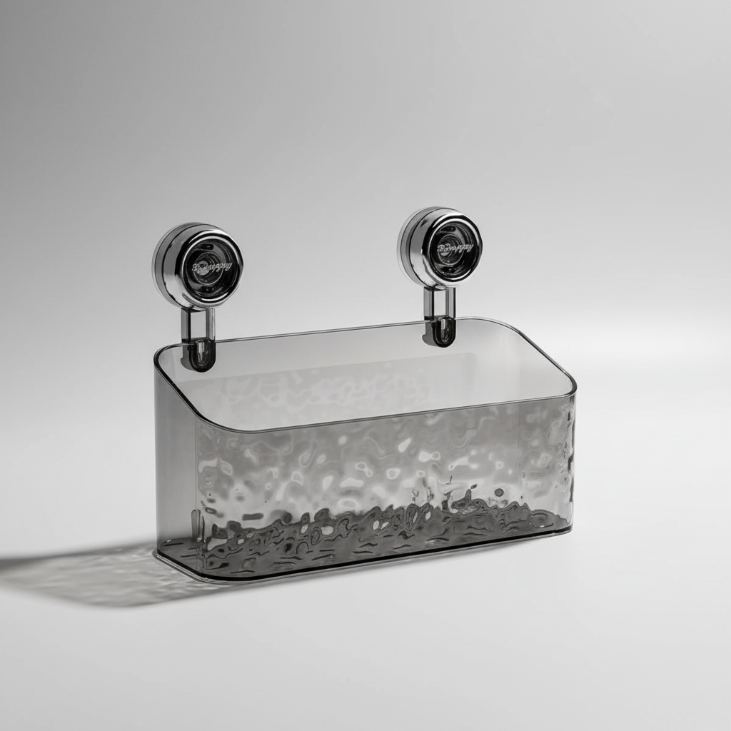 Suction Cup Bathroom Wall Organiser, Clear Storage Shelf - Grey, Rectangular, Tall
