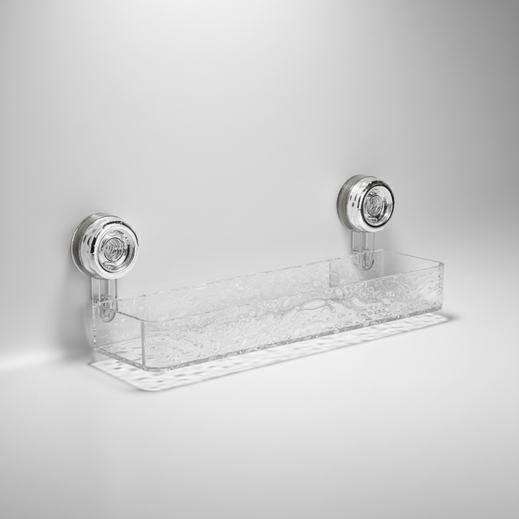 Suction Cup Bathroom Wall Organiser, Clear Storage Shelf - White, Rectangular, Low
