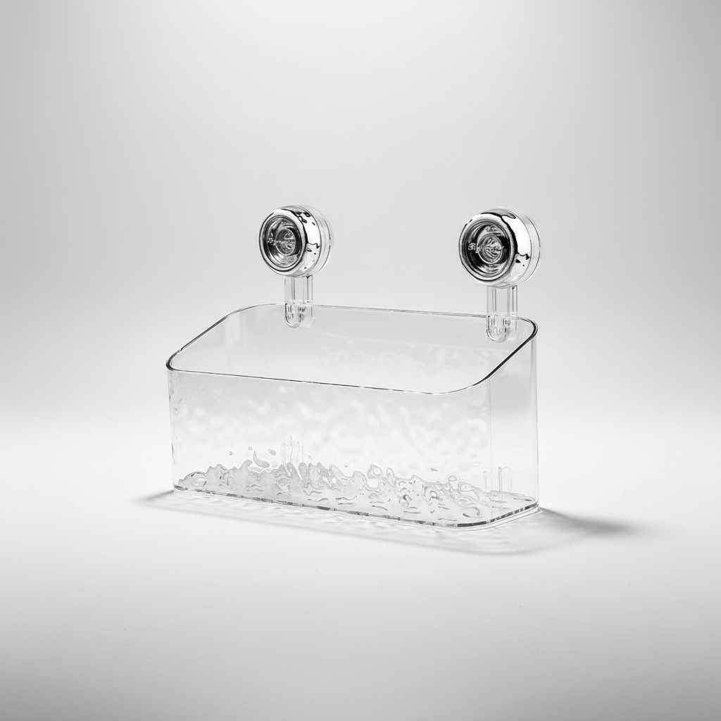 Suction Cup Bathroom Wall Organiser, Clear Storage Shelf - White, Rectangular, Tall