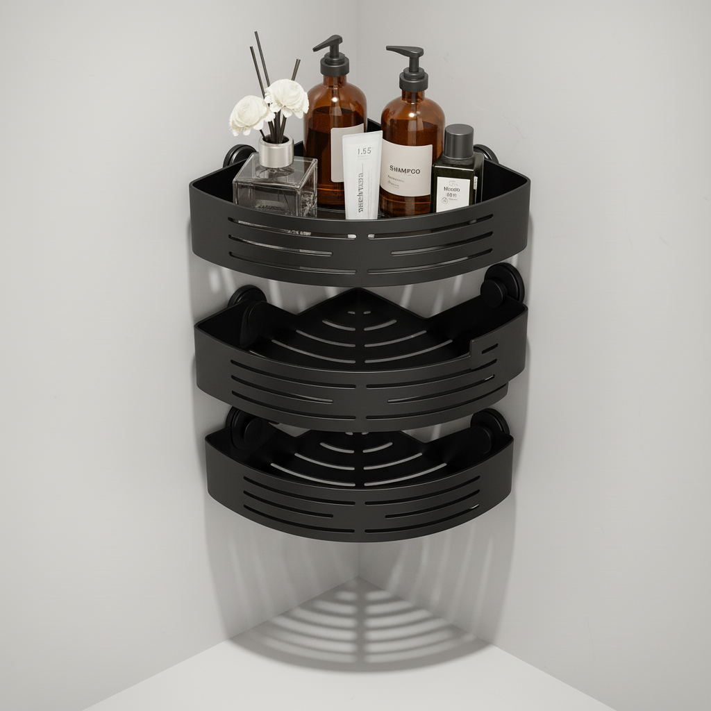 3-Tier Corner Shower Caddy, No-Drill Bathroom Organiser - Black