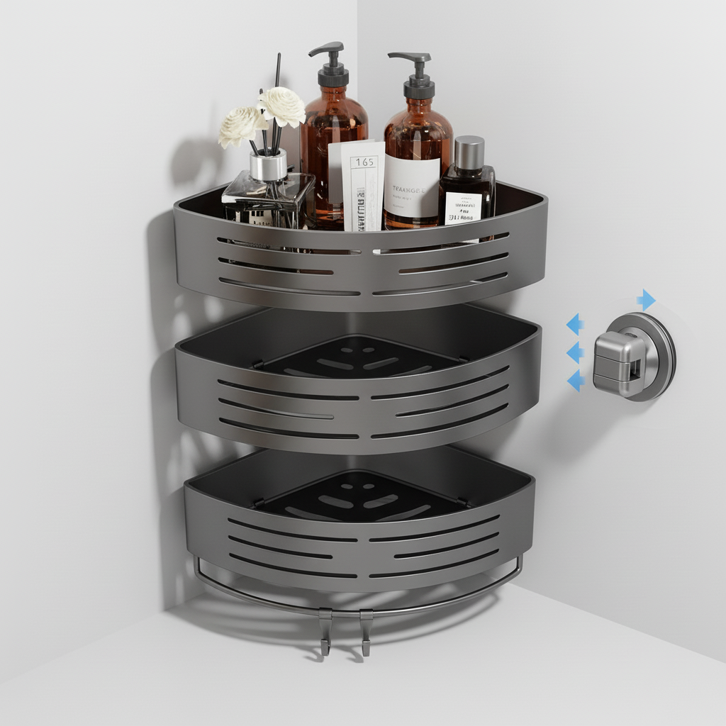 3-Tier Corner Shower Caddy, No-Drill Bathroom Organiser - Dark Grey