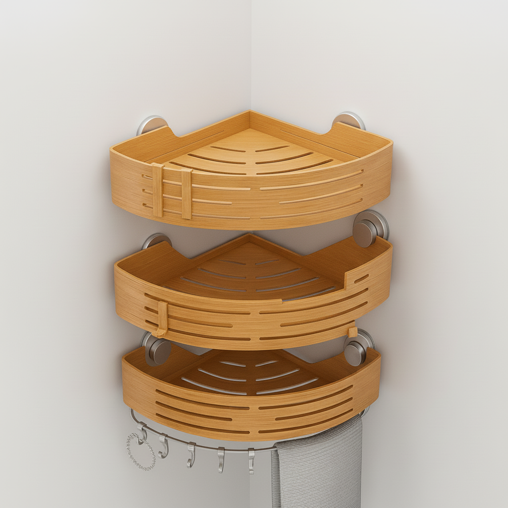 3-Tier Corner Shower Caddy, No-Drill Bathroom Organiser - Wood Effect
