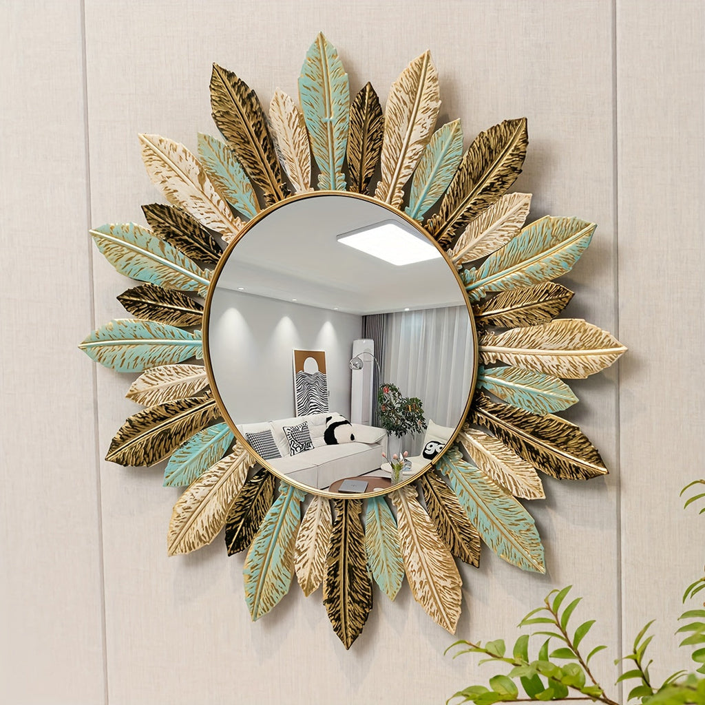 Sunburst Metal Wall Mirror with Teal and Gold Leaves - product view 5