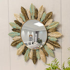 Sunburst Metal Wall Mirror with Teal and Gold Leaves - product view 5