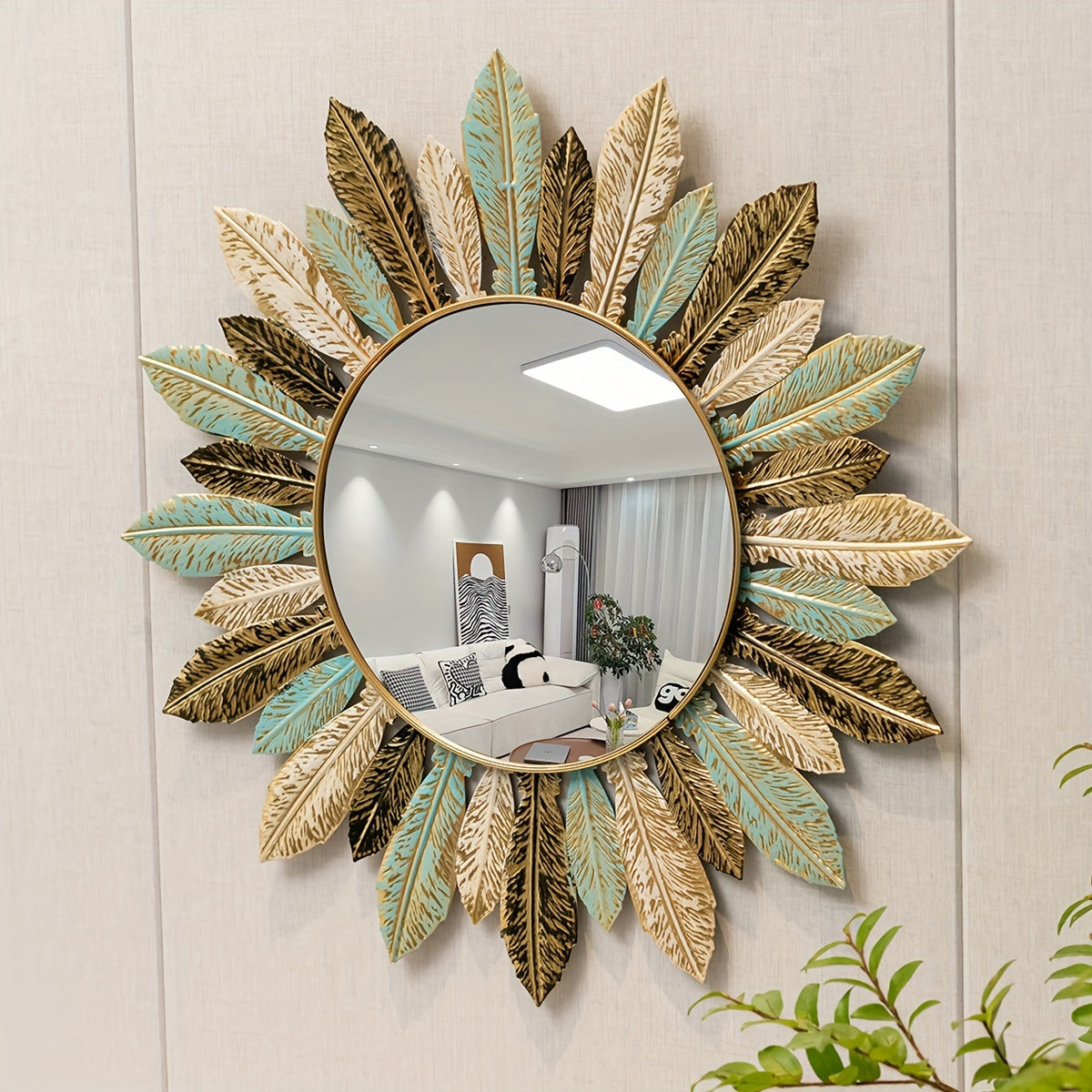 Sunburst Metal Wall Mirror with Teal and Gold Leaves - product view 5