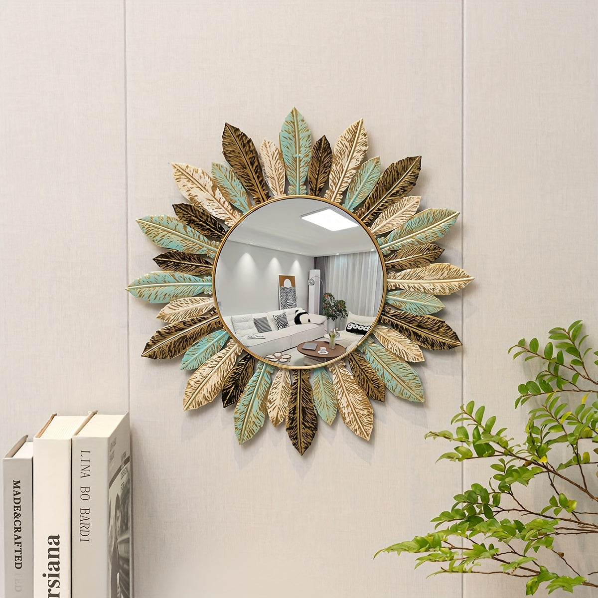 Sunburst Metal Wall Mirror with Teal and Gold Leaves - product view 6
