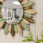 Sunburst Metal Wall Mirror with Teal and Gold Leaves - product view 7