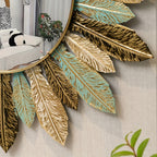 Sunburst Metal Wall Mirror with Teal and Gold Leaves - product view 8