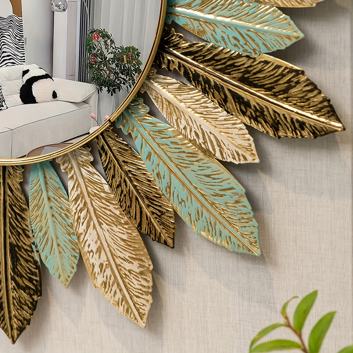 Sunburst Metal Wall Mirror with Teal and Gold Leaves - product view 8