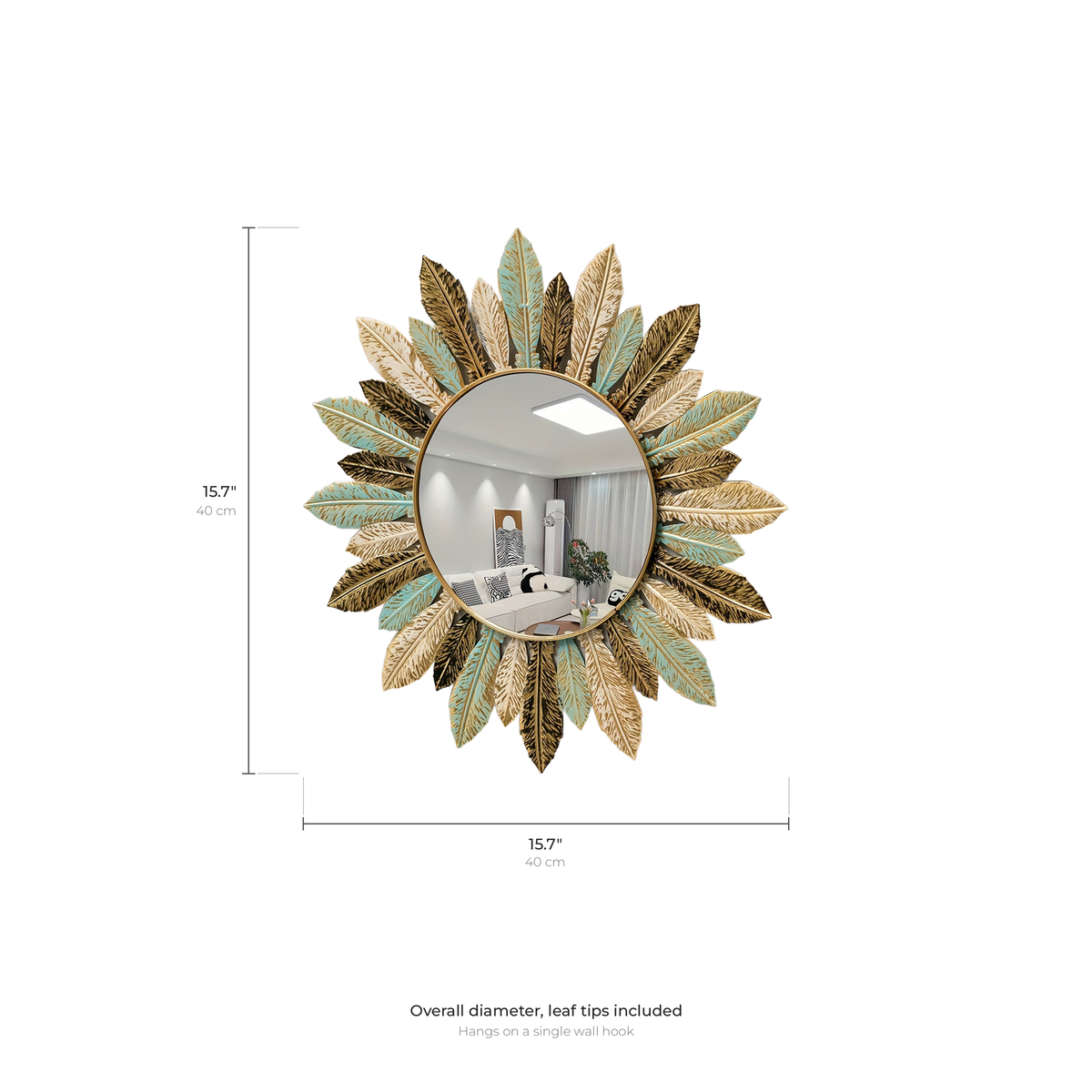 Sunburst Metal Wall Mirror with Teal and Gold Leaves - product view 9