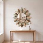 Sunburst Metal Wall Mirror with Teal and Gold Leaves - product view 1