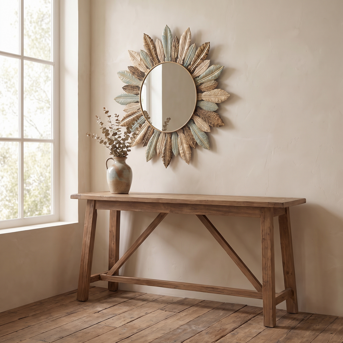 Sunburst Metal Wall Mirror with Teal and Gold Leaves - product view 2