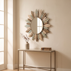 Sunburst Metal Wall Mirror with Teal and Gold Leaves - product view 3