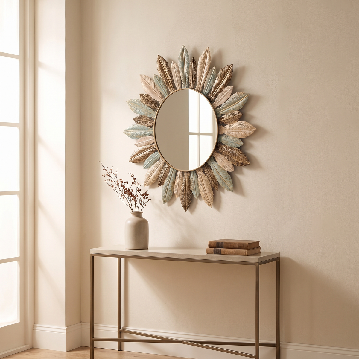 Sunburst Metal Wall Mirror with Teal and Gold Leaves - product view 3