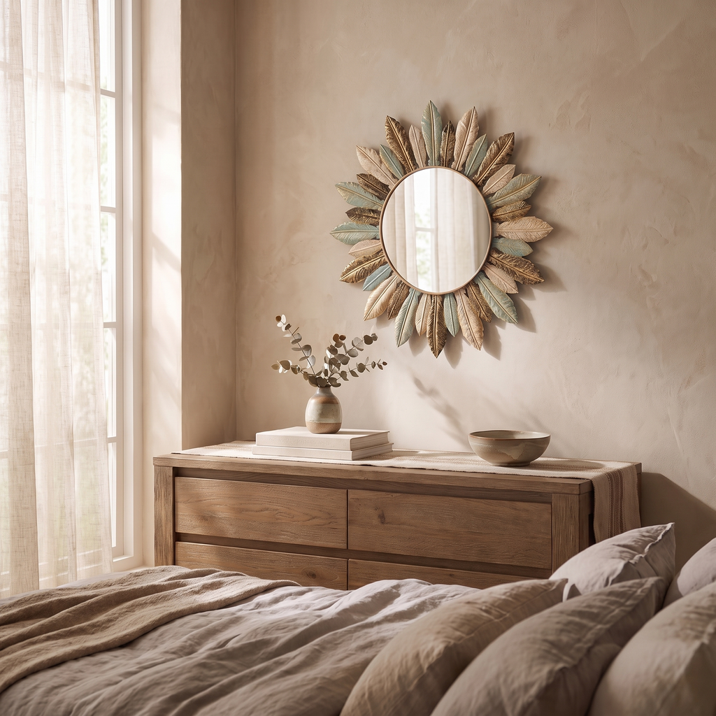 Sunburst Metal Wall Mirror with Teal and Gold Leaves - product view 4
