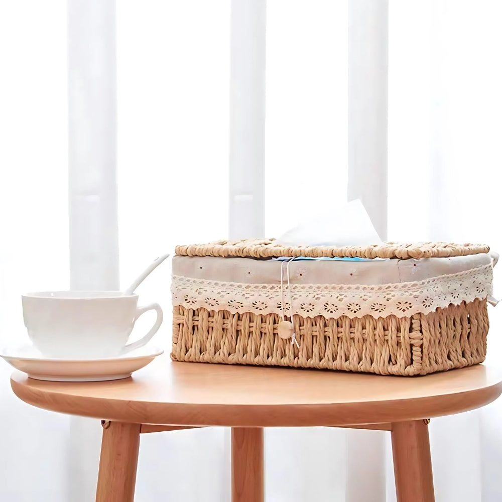 Braided Paper Rope Tissue Box Cover with Lace Trim - product view 6