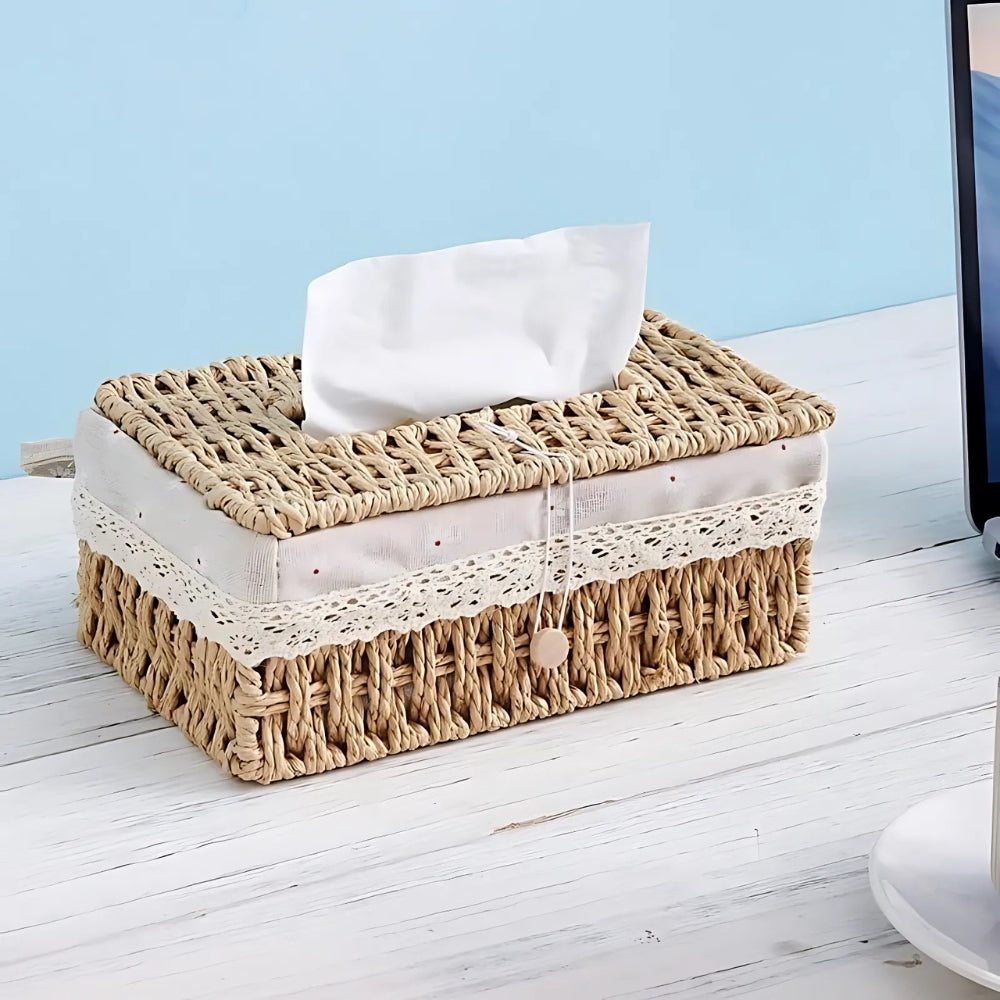 Braided Paper Rope Tissue Box Cover with Lace Trim - product view 5