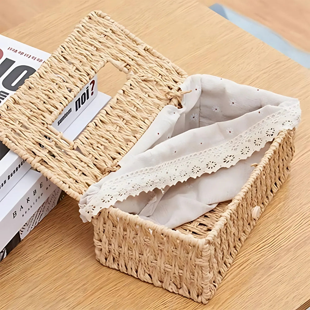 Braided Paper Rope Tissue Box Cover with Lace Trim - product view 3