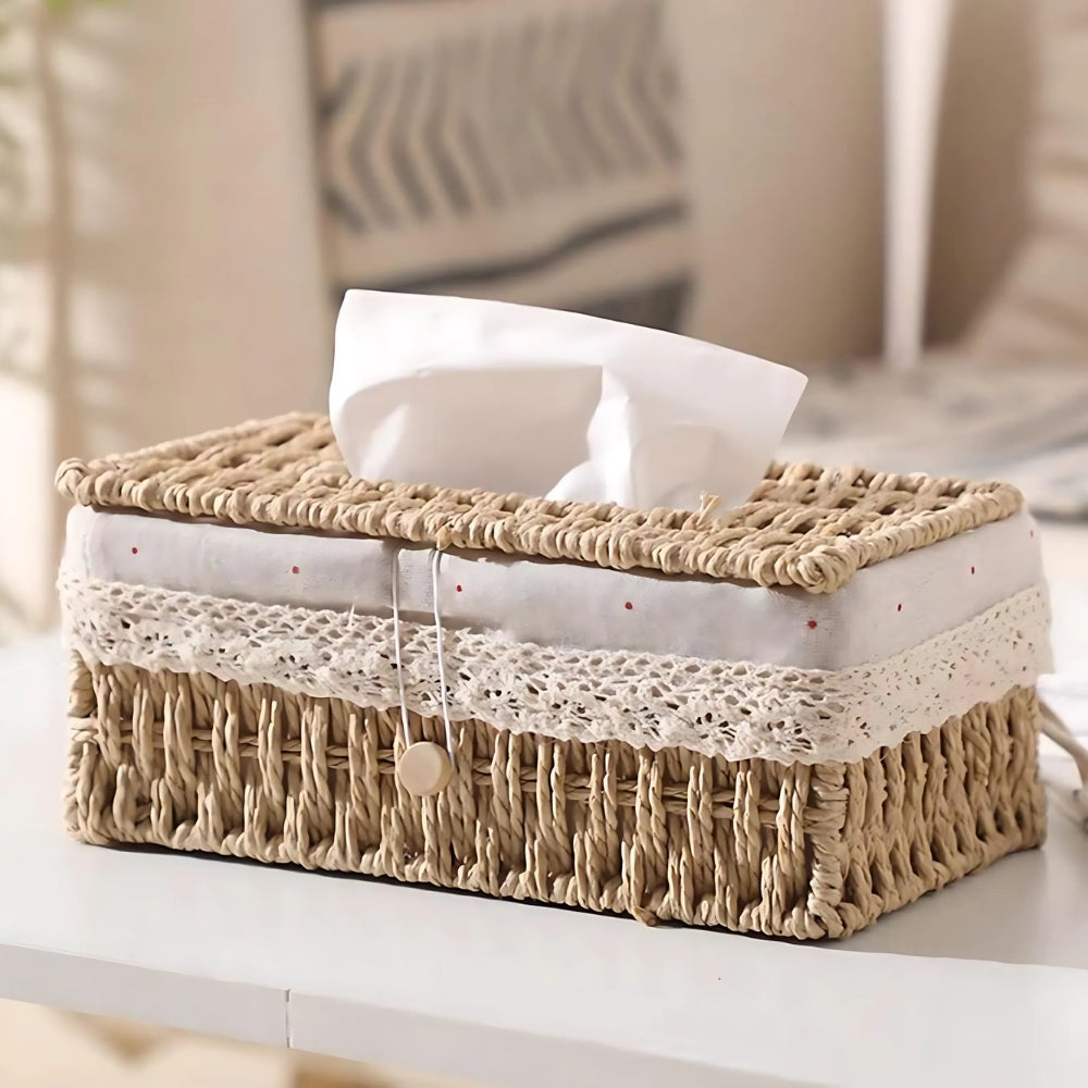 Braided Paper Rope Tissue Box Cover with Lace Trim - product view 1