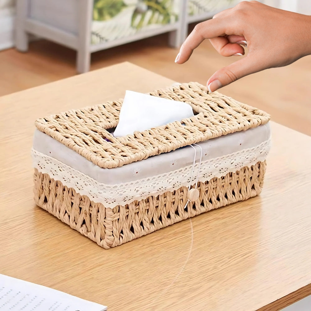 Braided Paper Rope Tissue Box Cover with Lace Trim - product view 7