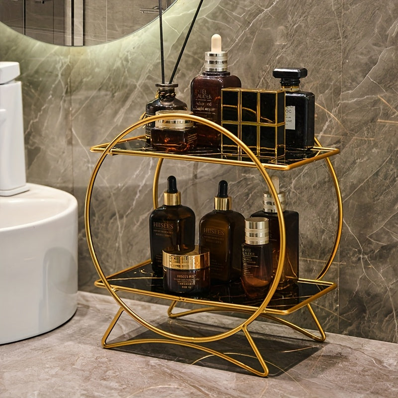 2-Tier Bathroom Countertop Organiser with Marble-Effect Shelves - product view 1