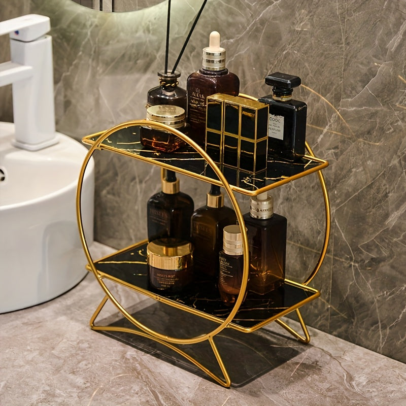 2-Tier Bathroom Countertop Organiser with Marble-Effect Shelves - product view 2