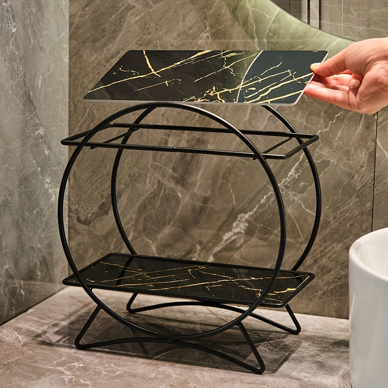 2-Tier Bathroom Countertop Organiser with Marble-Effect Shelves - product view 3