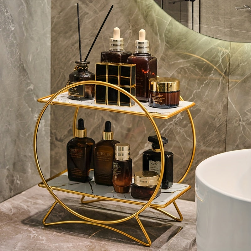 2-Tier Bathroom Countertop Organiser with Marble-Effect Shelves - product view 4
