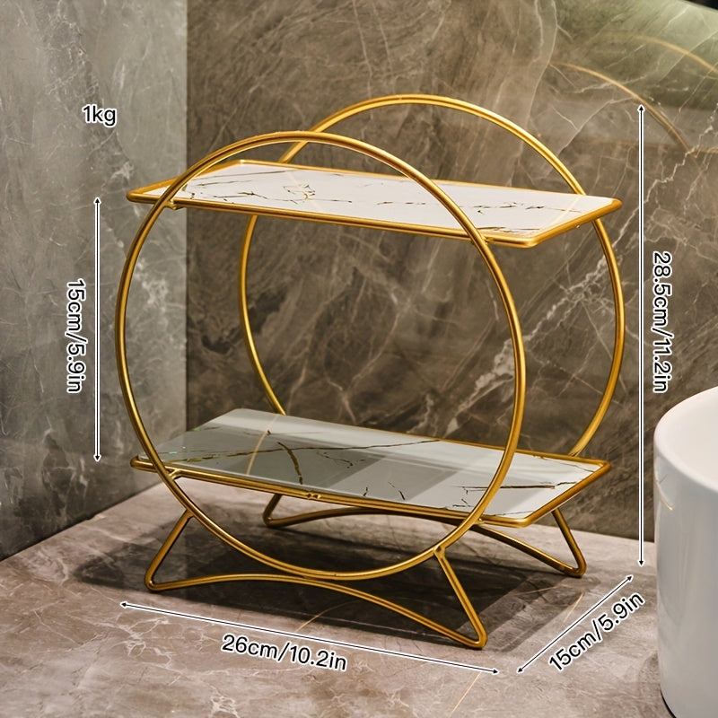 2-Tier Bathroom Countertop Organiser with Marble-Effect Shelves - product view 5