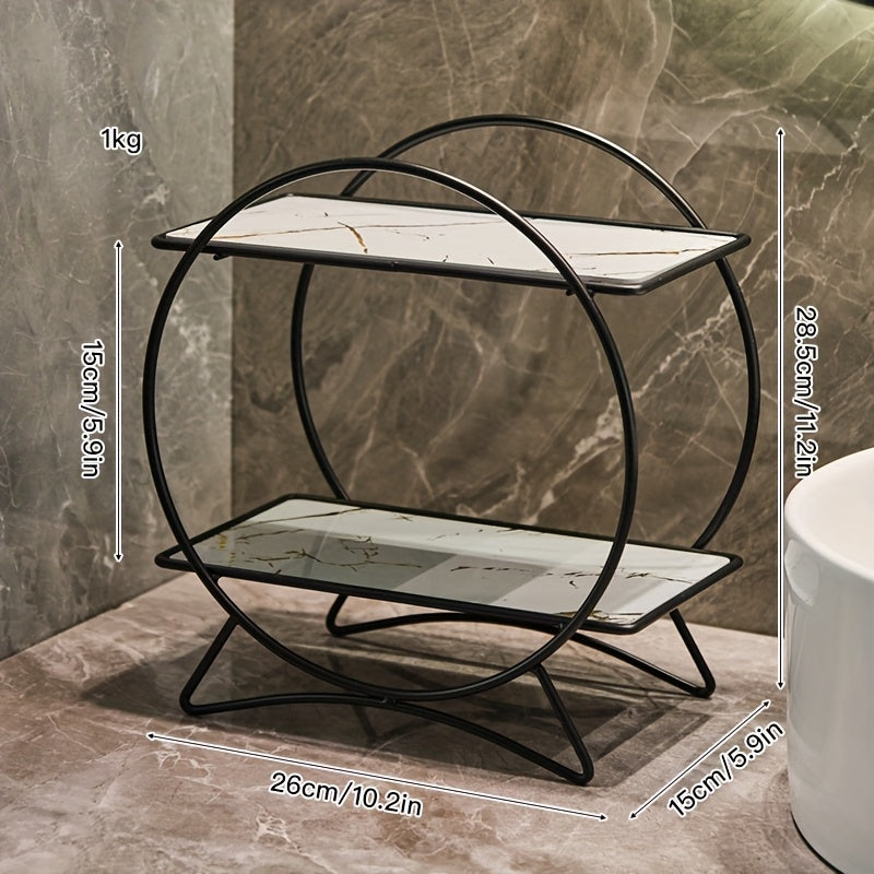 2-Tier Bathroom Countertop Organiser with Marble-Effect Shelves - Black & White