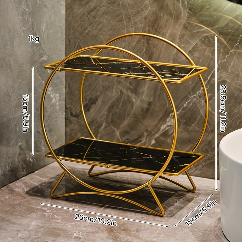 2-Tier Bathroom Countertop Organiser with Marble-Effect Shelves - Gold & Black